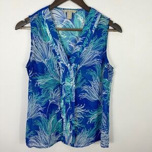 Banana Republic Top M Blue Green Feather‎ Print Sleeveless Blouse Career Chic